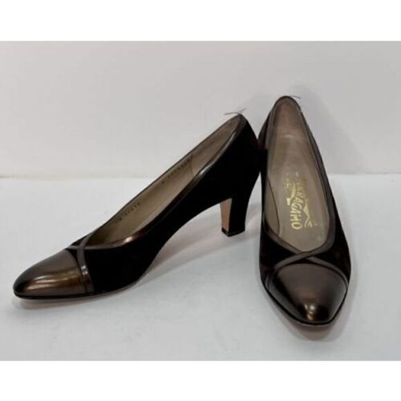 Salvatore Ferragamo Italy DQ34408 Brown Sueded Leather Cap Toe Heels Size 9AAAA - Picture 1 of 12